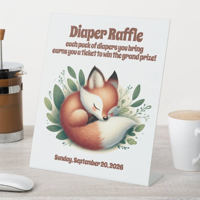Cute Fox Asleep in Leaves Diaper Raffle Sign (In SItu)
