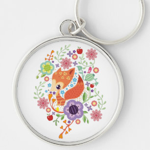 Cute Fox Baby Art Animal With Floral  Keychain