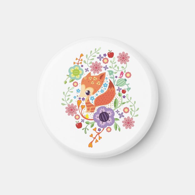 Cute Fox Baby Art Animal With Floral  Magnet (Front)