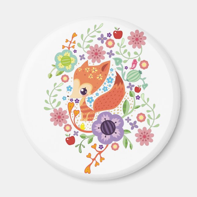 Cute Fox Baby Art Animal With Floral  Magnet (Front)
