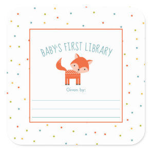 Cute Fox Baby Shower bookplate, books for baby Square Sticker
