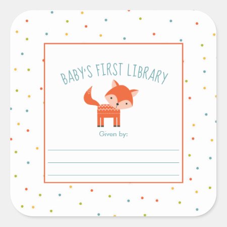 Cute Fox Baby Shower Bookplate, Books For Baby Square Sticker