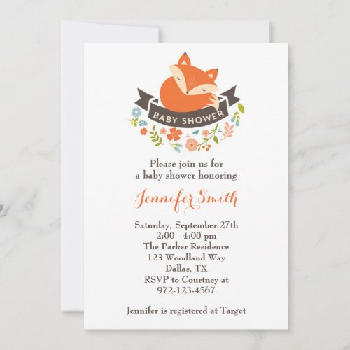 Cute Fox Baby Shower Invitation Personalized Invite