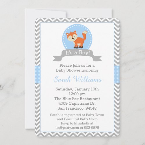 Cute Fox Baby Shower Invitation in Blue and Gray