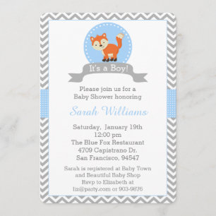 Cute Fox Baby Shower Invitation in Blue and Gray