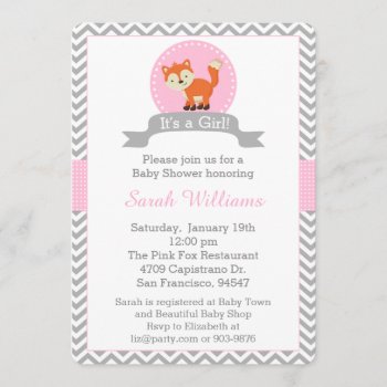 Cute Fox Baby Shower Invitation In Pink And Gray by eventfulcards at Zazzle