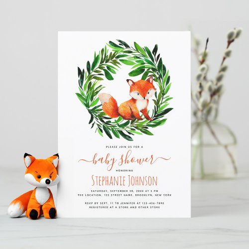 Cute Fox Baby Shower Woodland Watercolor Greenery Invitation