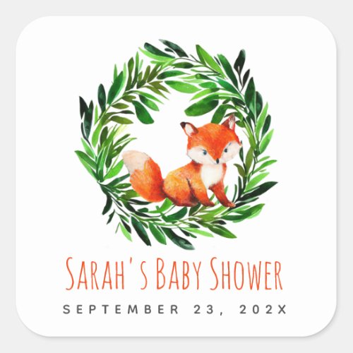 Cute Fox Baby Shower Woodland Watercolor Greenery Square Sticker