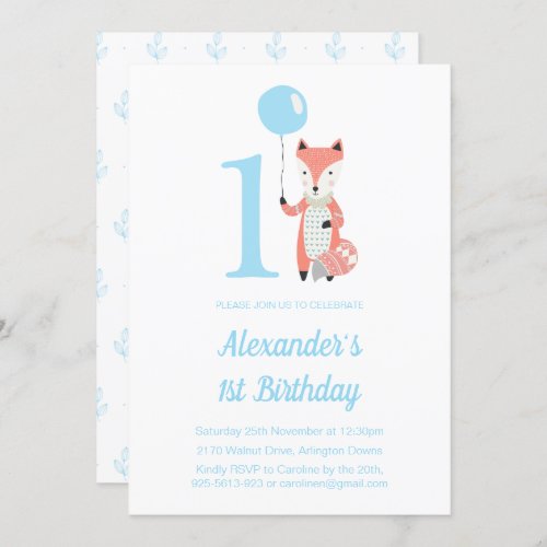 Cute Fox  Balloon Blue 1st Birthday Invitation