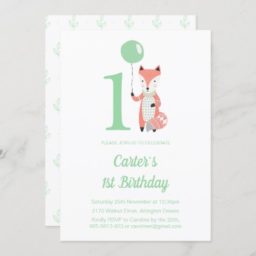 Cute Fox  Balloon Green 1st Birthday Invitation