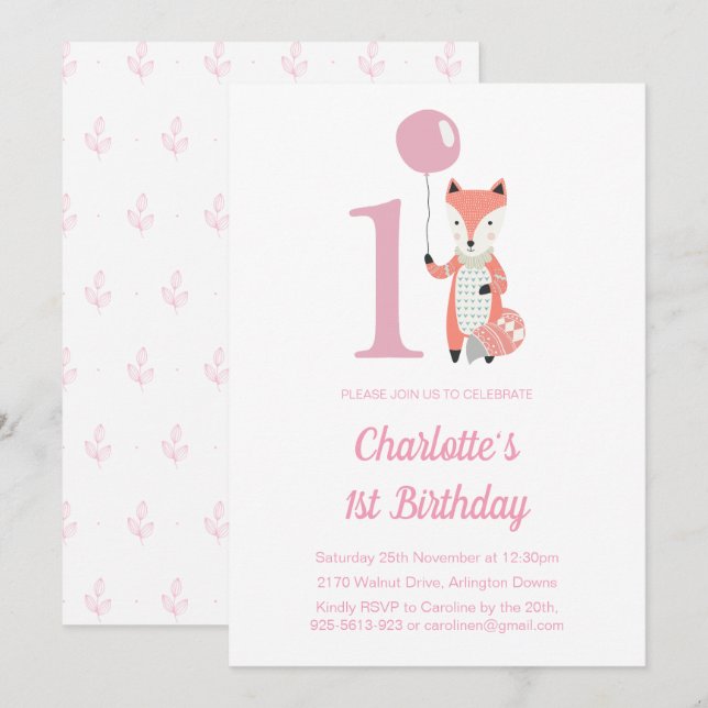 Cute Fox & Balloon Pink 1st Birthday Invitation (Front/Back)