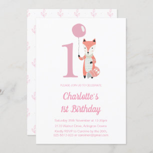 Cute Fox & Balloon Pink 1st Birthday Invitation