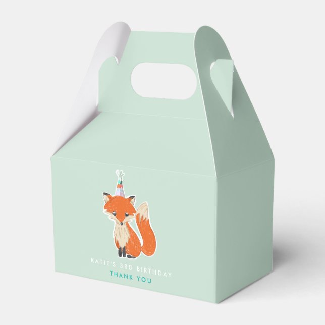 Cute Fox Birthday Party Hat Mint Green Favor Boxes (Front Side)