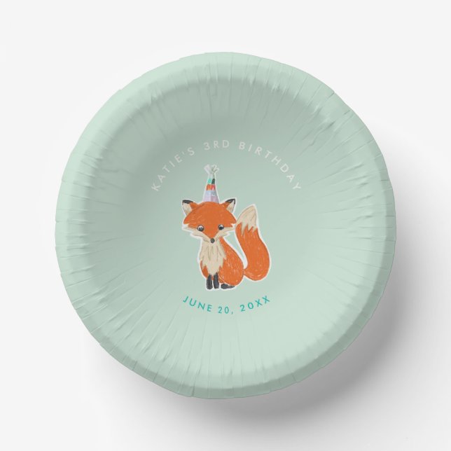 Cute Fox Birthday Party Hat Mint Green Paper Bowls (Front)