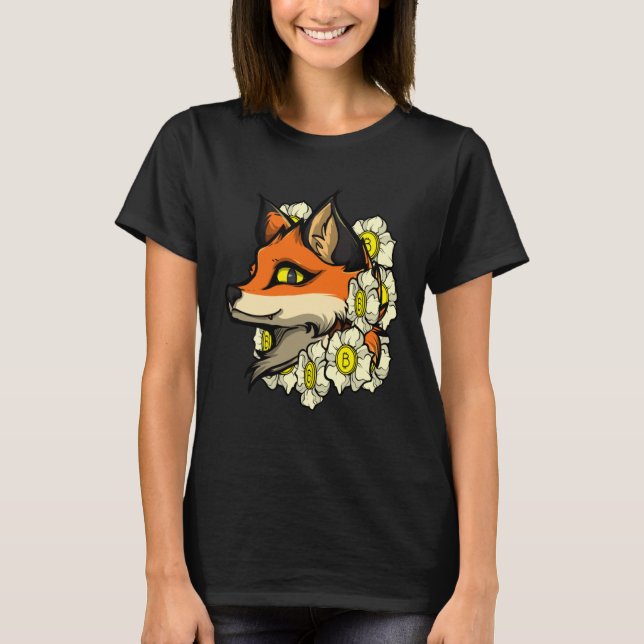 Cute Fox Bitcoin  Idea Fox With Flowers Loves Bitc T-Shirt (Front)