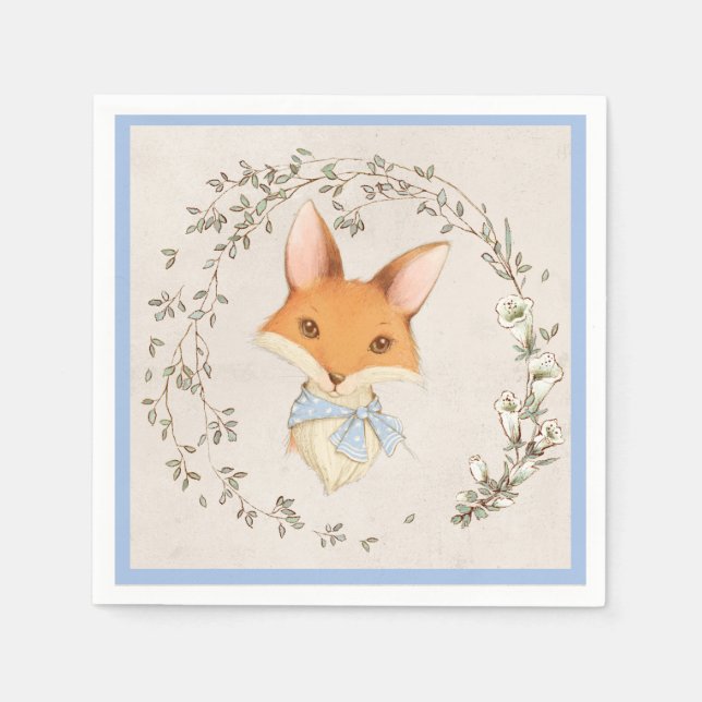 Cute Fox Blue Floral Boy Napkins (Front)