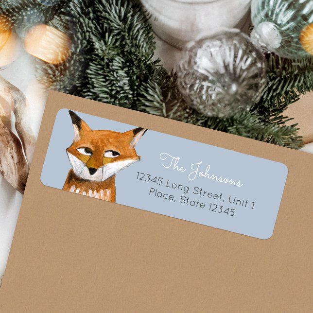 Cute Fox blue Holiday Christmas Label (Christmas Holiday Woodland Animal Fox address label)
