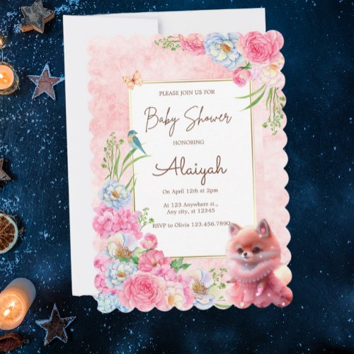 Cute Fox Blush Pink Floral Watercolor Baby Shower Invitation