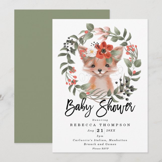 cute fox boho floral modern baby shower invitation (Front/Back)