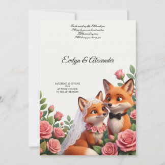 Cute Fox Bride and Groom Blush Pink Floral Invitation