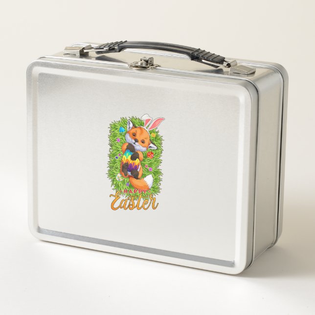 Cute Fox Bunny Ears Happy Easter Fox with Easter E Metal Lunch Box (Front)