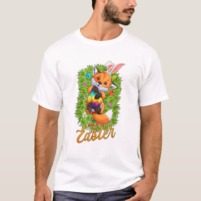 Cute Fox Bunny Ears Happy Easter Fox with Easter E T-Shirt (Front)