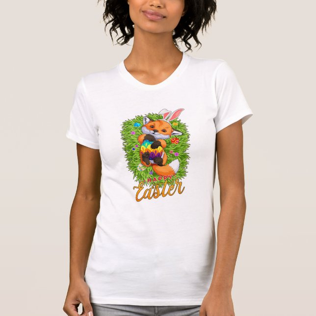 Cute Fox Bunny Ears Happy Easter Fox with Easter E T-Shirt (Front)