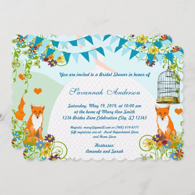 Cute Fox Bunting Garden Bridal Shower Invites (Front/Back)