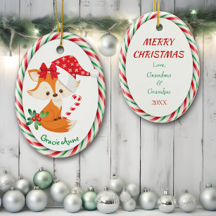 Cute Fox Candy Cane Frame Ceramic Ornament