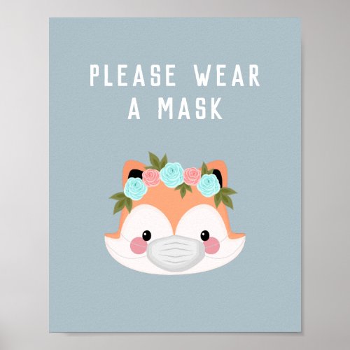 Cute Fox Character Floral Wear A Mask Blue Covid Poster