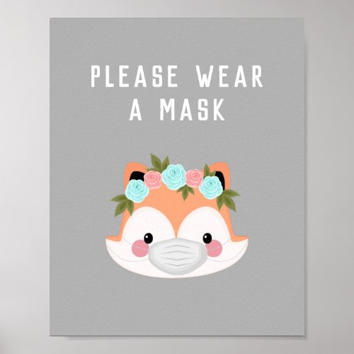Cute Fox Character Floral Wear A Mask Gray Covid Poster