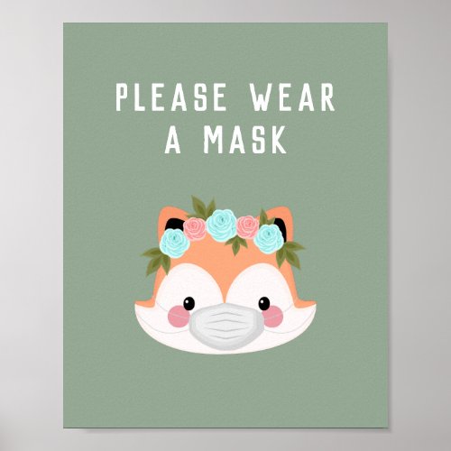 Cute Fox Character Floral Wear A Mask Green Covid Poster