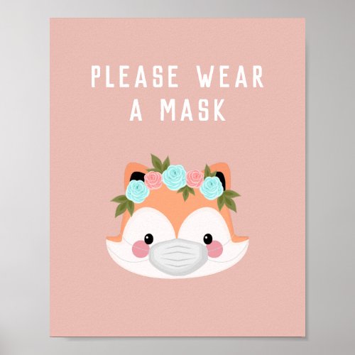 Cute Fox Character Floral Wear A Mask Pink Covid Poster