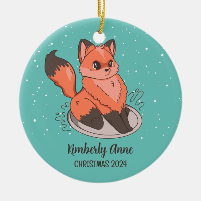 Cute Fox Christmas Snowy Winter Holiday Ceramic Ornament (Front)