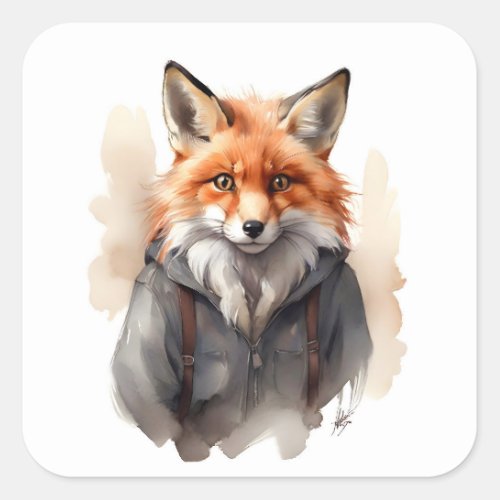 Cute Fox Coat Jacket Backpack Hiking Square Sticker