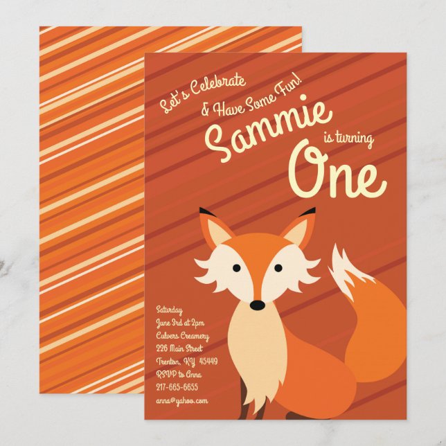 Cute Fox Colorful 1st Birthday Invitations (Front/Back)