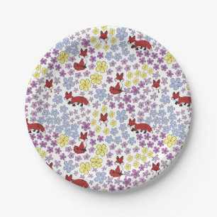 Cute Fox Colorful Whimsical Wildflower Baby Shower Paper Plates
