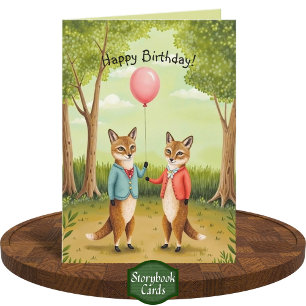 Cute Fox Couple Forest Storybook Art Birthday Card