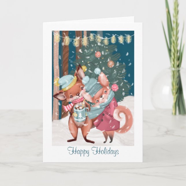Cute Fox Couple Happy Holidays Christmas Holiday Card (Front)