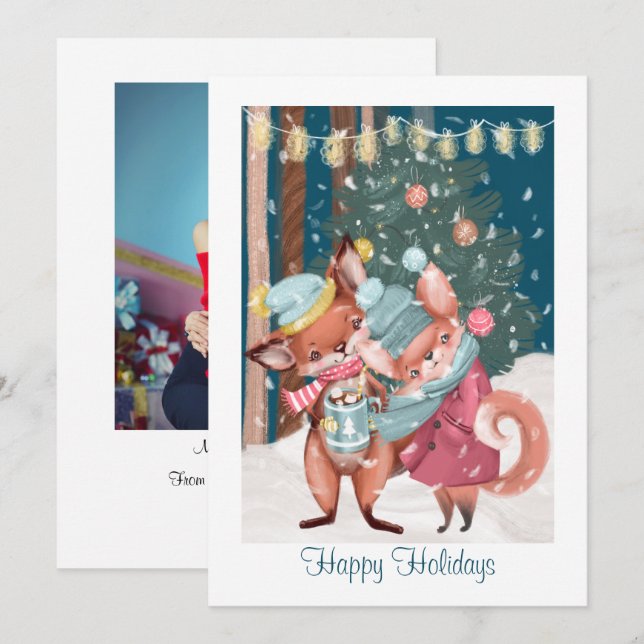 Cute Fox Couple Happy Holidays Christmas Photo Holiday Card (Front/Back)