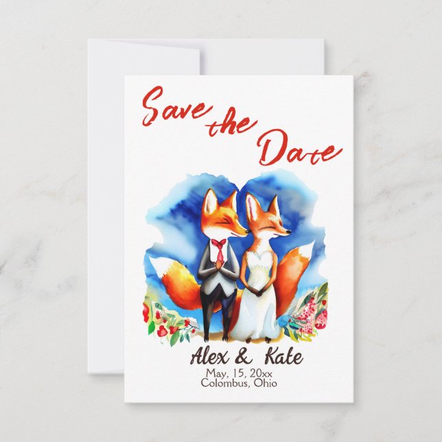 Cute Fox Couple Wedding Save the Date Announcement (Front)