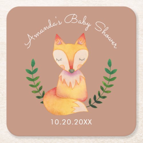 Cute Fox Creature Woodland Theme Baby Shower Square Paper Coaster