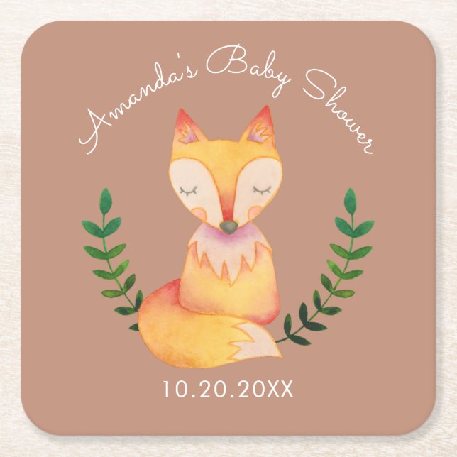 Cute Fox Creature Woodland Theme Baby Shower Square Paper Coaster (Front)