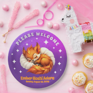 Cute Fox Cub Asleep in Starry Night Sky Paper Plates