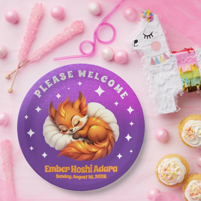 Cute Fox Cub Asleep in Starry Night Sky Paper Plates (Party)