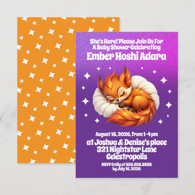 Cute Fox Cub Asleep in Starry Sky Baby Shower Invitation (Front/Back)
