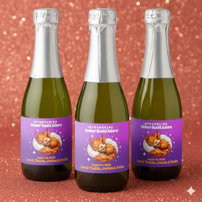 Cute Fox Cub Asleep in Starry Sky Baby Shower Sparkling Wine Label (Cute Fox Cub Sleeping in Starry Sky Baby Sparkling Wine Labels Cover Photo)