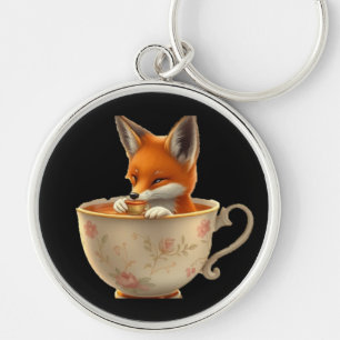 Cute Fox Drinking Tea on Groomsmen Gift Keychain