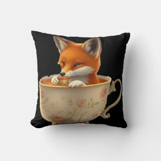 Cute fox drinking tea throw pillow