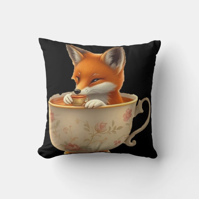Cute fox drinking tea throw pillow (Front)